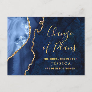 Modern Gold Blue Marble Bridal Shower Postponed Postcard