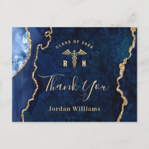 Modern Gold Blue Marble RN Graduation Thank You Postcard
