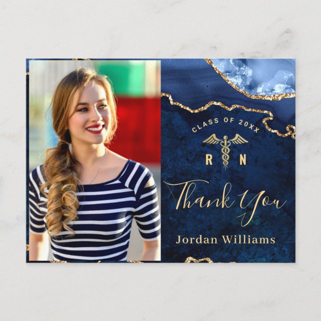 Modern Gold Blue Marble RN Graduation Thank You Postcard (Front)