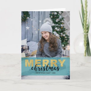 Modern Gold Blue Merry Christmas - Photo Card