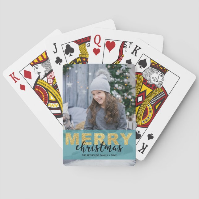 Modern Gold Blue Merry Christmas Photo Card Deck (Back)