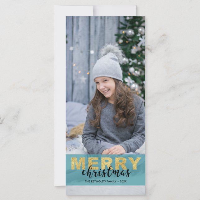 Modern Gold Blue Merry Christmas Photo - Rackcard (Front)