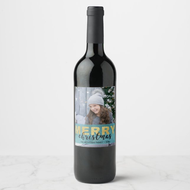 Modern Gold Blue Merry Christmas Photo Wine Label (Front)