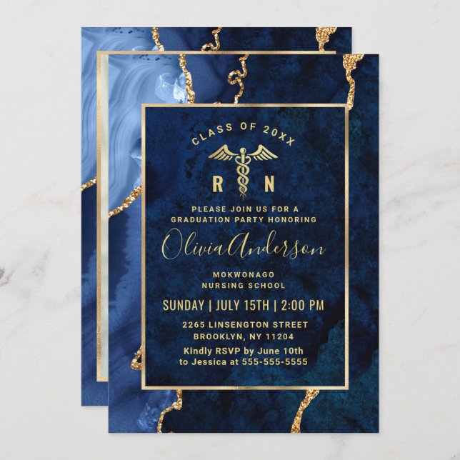 Modern Gold Blue Nursing School Graduation Party Invitation (Front/Back)