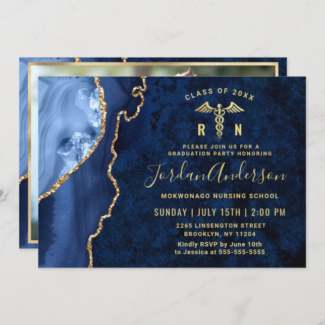 Modern Gold Blue Nursing School Graduation Party Invitation (Front/Back)