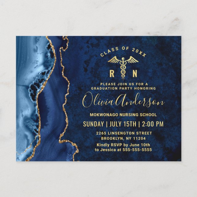 Modern Gold Blue RN Graduation Party Invitation Postcard (Front)