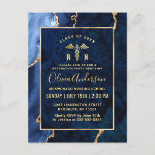 Modern Gold Blue RN Graduation Party Invitation Postcard