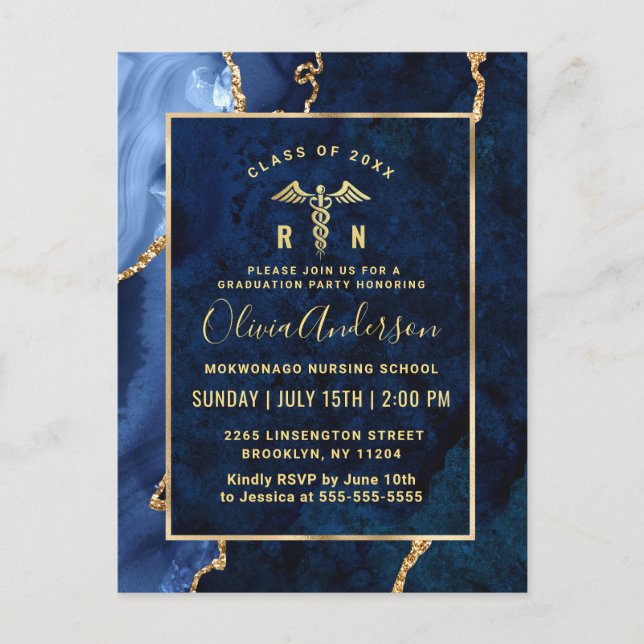 Modern Gold Blue RN Graduation Party Invitation Postcard (Front)