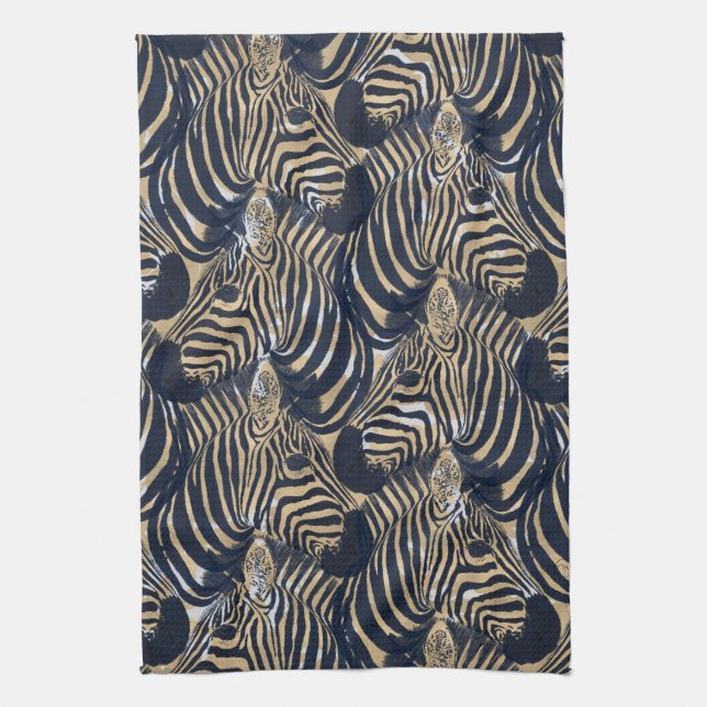 Modern Gold Blue Zebras Print Pattern Kitchen Towel (Vertical)
