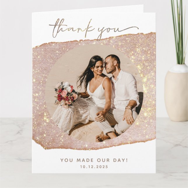 Modern Gold Blush Glitter Photo Wedding Thank You Card (Front)