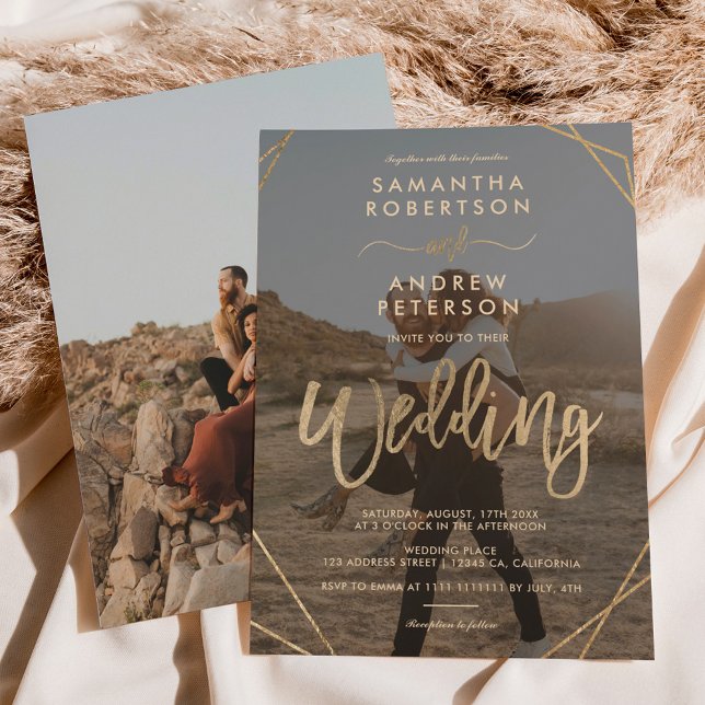 Modern gold boho frame simple photo script wedding invitation (Creator Uploaded)