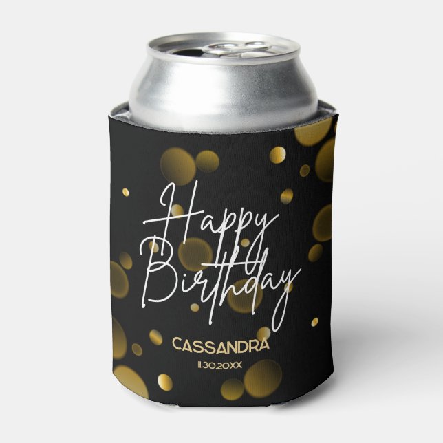 Modern Gold Bokeh Gradient Black Happy Birthday Can Cooler (Can Front)