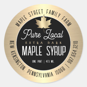 Modern Gold Border and Leaf Pure Local Maple Syrup Classic Round Sticker