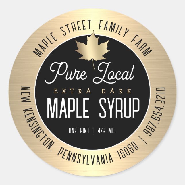 Modern Gold Border and Leaf Pure Local Maple Syrup Classic Round Sticker (Front)