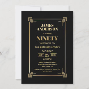 Modern Gold Border Black 90th Birthday Party Invitation