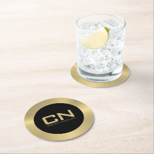 Modern Gold border on black Round Paper Coaster