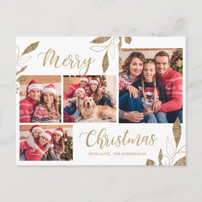 Modern Gold Botanical 4 Photo Collage Christmas Postcard (Front)