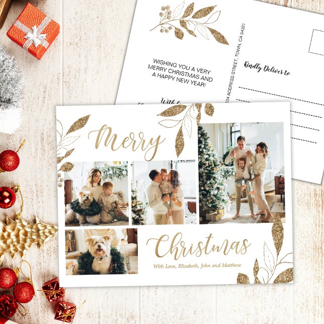 Modern Gold Botanical 4 Photo Collage Christmas Postcard (Creator Uploaded)