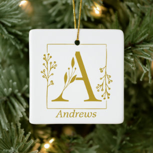 Modern Gold Botanical Letter A Personalized Ceramic Ornament