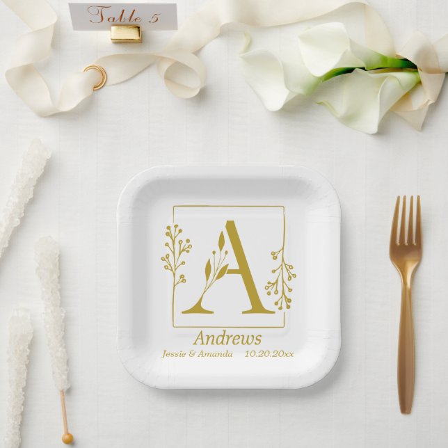 Modern Gold Botanical Letter A  Personalized   Paper Plate (Wedding)
