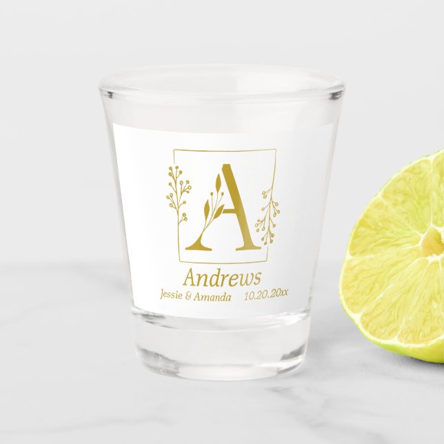 Modern Gold Botanical Letter A  Personalized  Shot Glass (Front)