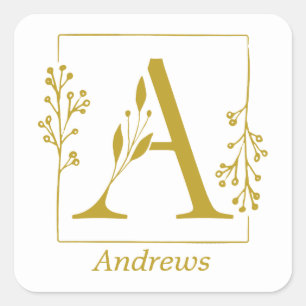 Modern Gold Botanical Letter A Square Sticker