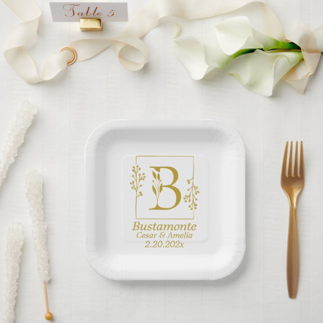 Modern Gold Botanical Letter B  Paper Plate (Wedding)