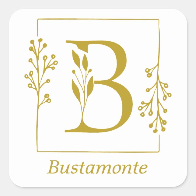 Modern Gold Botanical Letter B Square Sticker (Front)