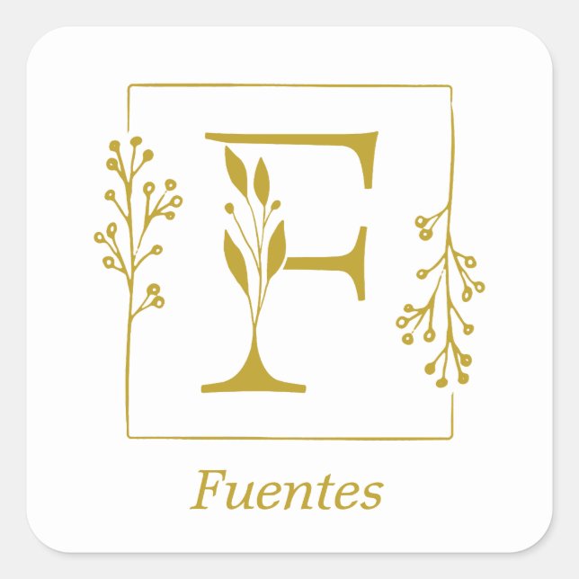 Modern Gold Botanical Letter F Square Sticker (Front)