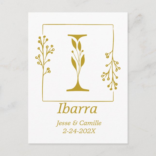 Modern Gold Botanical Letter I  Personalized  Postcard (Front)