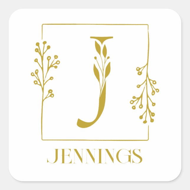 Modern Gold Botanical Monogram Letter J Square Sticker (Front)