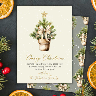Modern Gold Bow Neutral Watercolor Christmas Tree Holiday Card