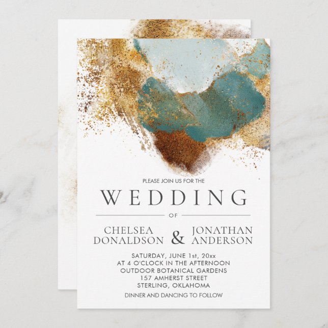 Modern Gold Bronze Teal Watercolor Wash Wedding Invitation (Front/Back)