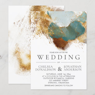 Modern Gold Bronze Teal Watercolor Wash Wedding Invitation