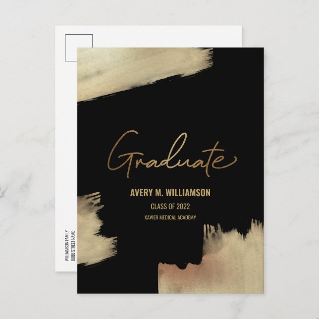 Modern Gold brush stroke black Graduate name  Announcement Postcard (Front/Back)