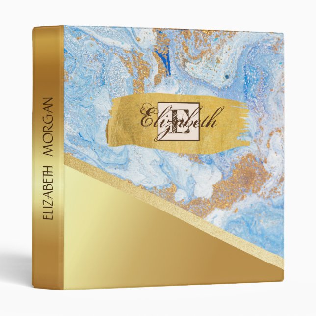 Modern Gold Brush Stroke, Blue Marble, Monogram Binder (Front/Spine)
