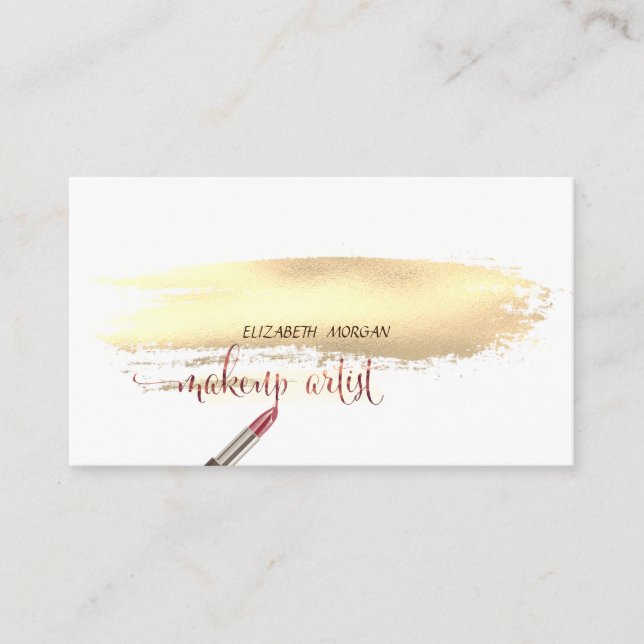Modern Gold Brush Stroke, Lipstick, Makeup Business Card (Front)