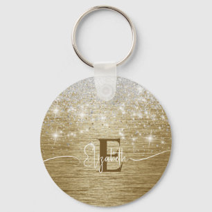 Modern Gold Brushed Metal Silver Glitter Monogram Keychain