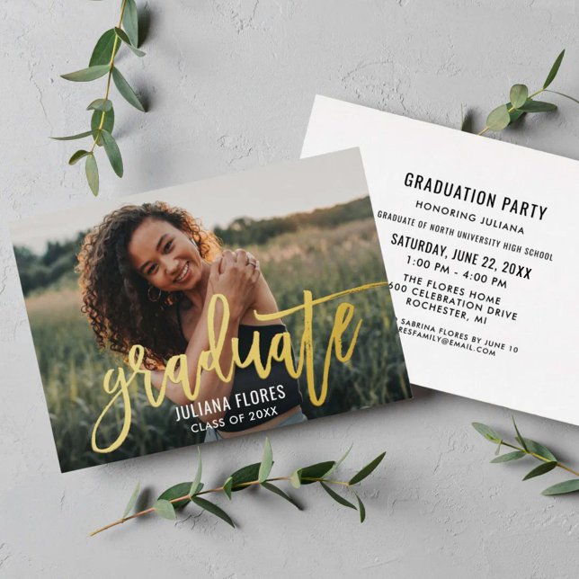 Modern Gold Brushed Script Photo Graduation Party (Creator Uploaded)