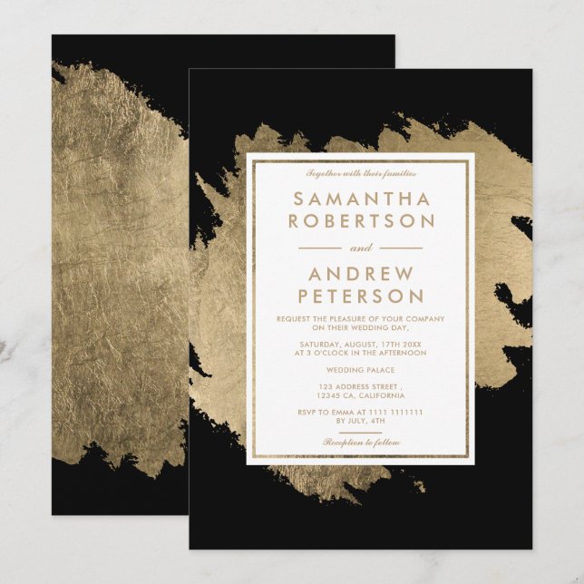 Modern gold brushstrokes black white chic wedding invitation (Front/Back)