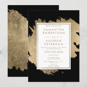 Modern gold brushstrokes black white chic wedding invitation