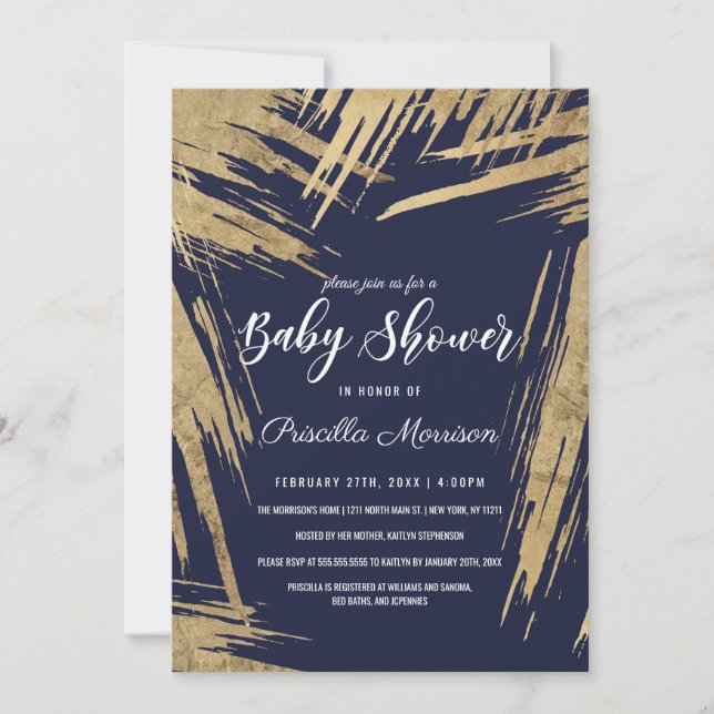 Modern Gold Brushstrokes Navy Blue Baby Shower Invitation (Front)