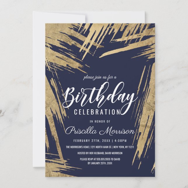 Modern Gold Brushstrokes Navy Blue Chic Birthday Invitation (Front)