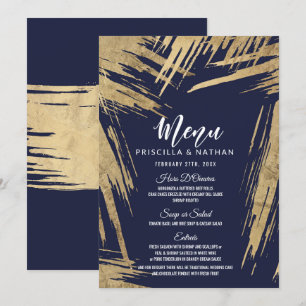 Modern Gold Brushstrokes Navy Blue Wedding Menu Invitation