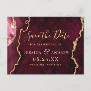 Modern Gold Burgundy Agate Marble Save the Date Announcement Postcard