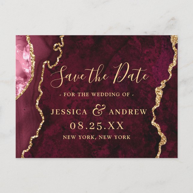 Modern Gold Burgundy Agate Marble Save the Date Announcement Postcard (Front)