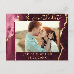 Modern Gold Burgundy Agate PHOTO Save the Date Postcard