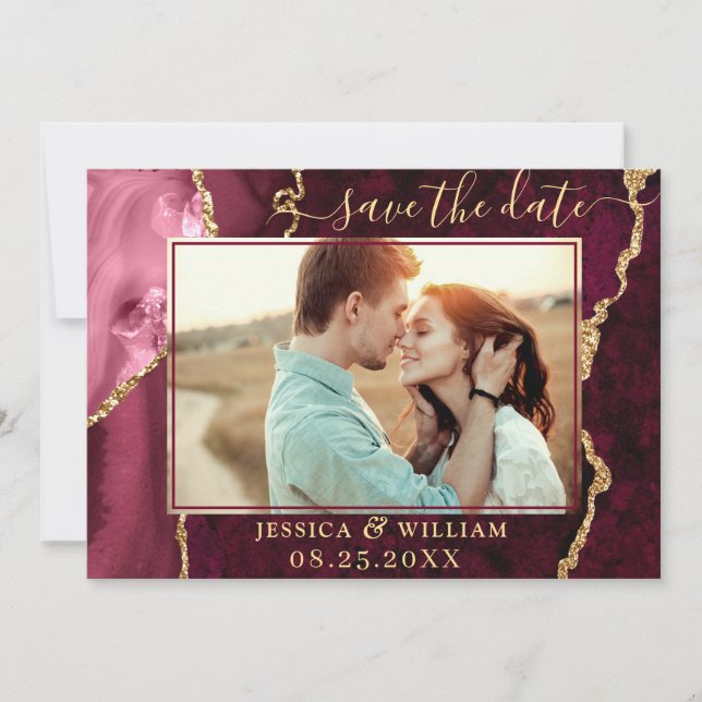 Modern Gold Burgundy Agate PHOTO Wedding Save The Date (Front)