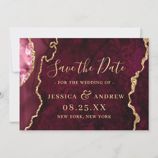 Modern Gold Burgundy Agate Wedding Save the Date (Front)