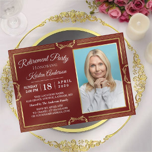 Modern Gold Burgundy Photo Retirement Party Invitation